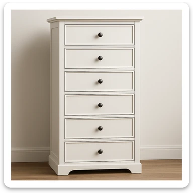 realistic white 6-drawer chest with one small black knob per drawer, stacked vertically, with depth and dimension sticker