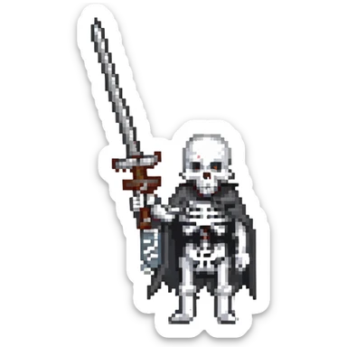 skeleton with a sword, gray bones, steel sword sticker