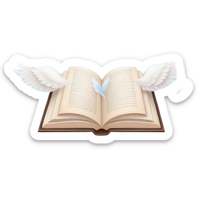 Create a dreamy, poetic emoji representing poetry. The design should feature several elegantly flying pages with poetic lines written on them, surrounded by fluffy, soft clouds. White birds should be flying out from the clouds, creating a sense of freedom and inspiration. The pages and a white feather should symbolize creativity and poetic flow. Use pastel tones like light blues, purples, and creams for the pages and background, while the clouds should be soft and ethereal. The overall design should feel whimsical, serene, and full of poetic charm. Make the background transparent. sticker