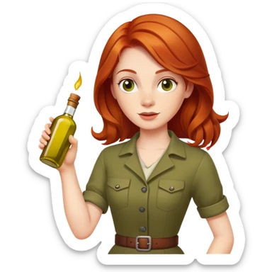 redhead person holding olive oil bottle like a pistol, playful pose sticker