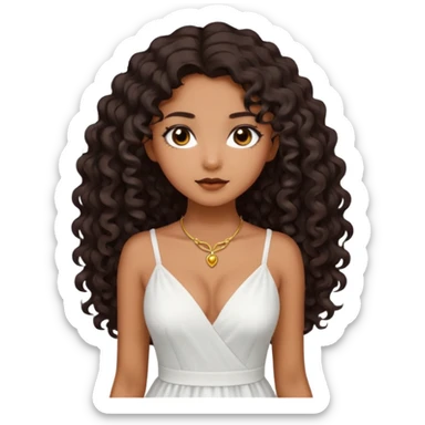 Dark tanned skin girl with very dark brown very long curly hair, very dark Asian eyes, white dress at neckline  sticker