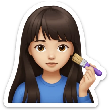 a girl with light skin and dark brown long hair with bangs who is brushing her hair sticker