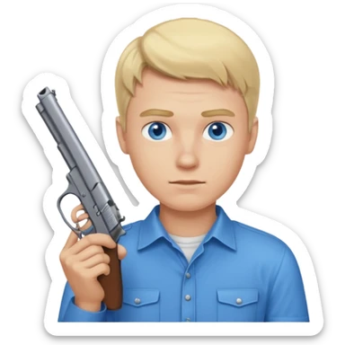 A blonde guy with blue eyes and blue shirt holding a gun sticker