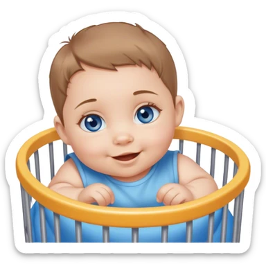 Blue-eyed baby girl with short light brown hair, chubby cheeks, mischievous smile in playpen  sticker