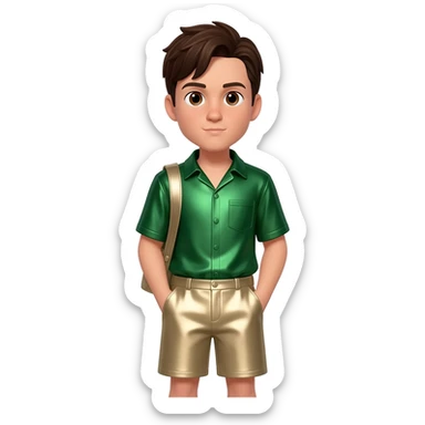 Chris Kratt with brown eyes, dark brown hair, green metallic shirt, beige metallic baggy shorts sticker