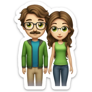 A man with brown hair blue eyes and a mustache is kissing a green haired girl who is thin with green eyes and wearing glasses sticker