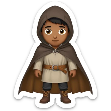 medieval outfit worn by a DnD themed fantasy character. basic rough-spun tunic with a leather belt and a hooded cloak. clothes only above the waist. The clothes full waist. The character's haven't arms. character is straight black hair hazel eyes short messy hair brown-skinned man. sticker