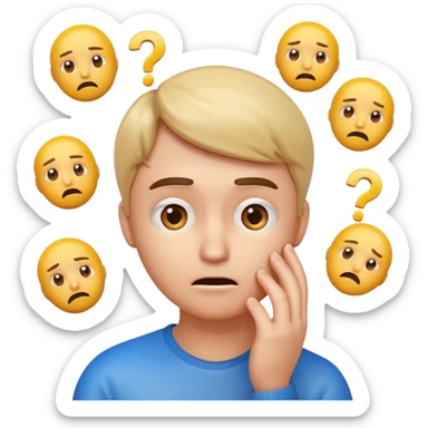 3D glossy emoji of a confused person feeling lost, hand on chin, raised eyebrow, looking up, small question marks around head, faint maze background, soft gradient, centered, transparent background.\ sticker