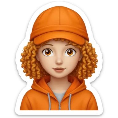 curly haired woman with orange cap and hoodie sticker