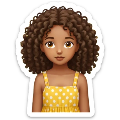 Create an image of a young Black girl with beautiful features. She has curly hair cascading down her shoulders and striking, large hazel eyes. She is wearing a yellow sundress with white polka dots. She is standing in a field full of sunflowers sticker