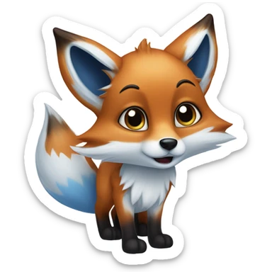 An anthropomorphic fox with blue fur. It has large ears with white insides and brown tips. The character's eyes are large, black, and very expressive. There are two white spots on its forehead. The nose is black, and the lower part of its face is white. The character looks cartoonish. sticker