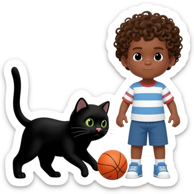 Black cat playing with orange basketball and a little boy with curly hair sticker