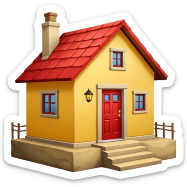 Front seight of a simple yellow house with a red roof, a simple door. Two steps before the door sticker