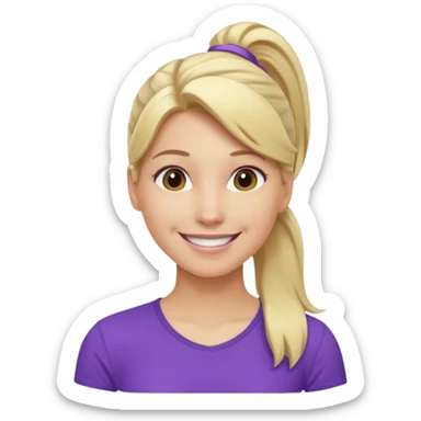 Blond woman with pony tail and purple shirt sticker