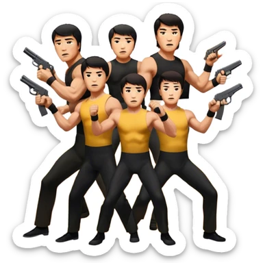 Action movie icons: Arnold Schwarzenegger, Sylvester Stallone, Bruce Lee and Jackie Chan in tense poses, surrounded by explosions, guns and fast-paced stunts. The design should reflect the energy and heroes of classic action movies. Transparent background. sticker