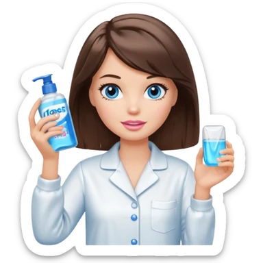 Barbie girl with makeup, blue eyes , and bob long haircut wave, short brown hair in white pajamas, face gel in hand sticker