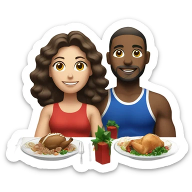 emoji Sporty white couple, man and woman in sportswear, sitting at Christmas holiday dinner table sticker