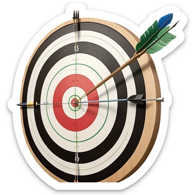 A bow with an arrow drawn back, aimed at a target with concentric rings. The background suggests a calm, outdoor archery range, emphasizing the precision, focus, and skill required in archery as a competitive sport. sticker