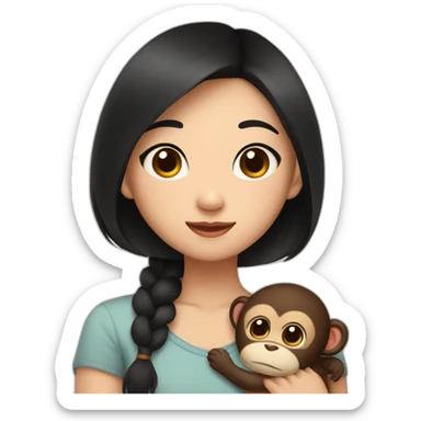Asian girl with brown eyes and short black hair and cute top cuddling a brown lovely monkey sticker