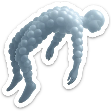 A person made of very small white fluffy clouds in matte glass style, no background and no shadows, unconscious: side view, arms, legs, and head hanging freely down, torso center being pulled up, lifeless pose as if being lifted by the middle of the body. sticker