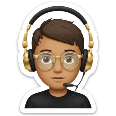 Un chico usando una camisa negra y audífonos, junto con sus lentes puestos de marco dorado. Diciendo GG arriba de su cabeza! sticker