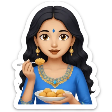 a pretty tan indian bratz girl with wavy long BLACK hair. eyeliner on, wearing a blue kurti, eating golgappa (without spoon) sticker