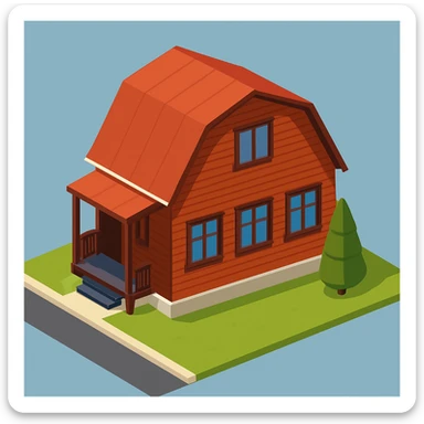 isometric illustration of the building. 3D isometric infographic design. Clean lines, bright and saturated colors, minimal unnecessary details. View from above at an angle (isometric), showing the roof, facade, and part of the surrounding area. Soft shadows, daylight lighting, no harsh contrasts. Background should be solid (blue, gray, or light tone). Add a small area around the building (roads, tiles, grass) so the building looks complete. Accurately represent the architectural features of the building (roof shape, facade, colors). Final style should be neat and polished, similar to posters or educational infographics. sticker