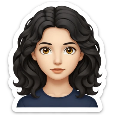 this avatar of 30th year-woman has shoulder-length black wavy hair with loose curls framing the face, and a long, pointed face with golden-brown eyes and a calm, neutral expression. sticker