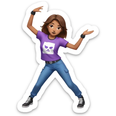 Girl with brown hair dancing with Fortnite shirt sticker