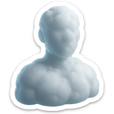 person looking straight, shoulders up, fully made of white fluffy convex clouds, matte glass style, clouds large and fluffy sticker