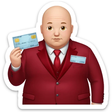 fat guy bold head in dark red velvet suit holding cheque sticker