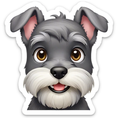 Cinematic Cute Miniature Schnauzer Portrait Emoji, Head cheerfully cocked with expressive, twinkling eyes and a neatly trimmed, adorable salt-and-pepper fur, simplified yet endearingly detailed, glowing with a bright, friendly radiance, high shine, exuding smart and spunky charm, styled with a delicate, whimsical outline, capturing the essence of a cute Miniature Schnauzer that appears ready to scamper off the screen with delightful energy! sticker
