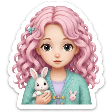  A girl with long curls, a pastel-colored hair clip, and a knitted cardigan with a bunny pattern, looking cute. sticker