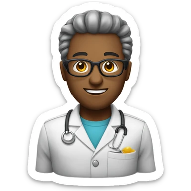 Nutricionista com jaleco, com pele branca, óculos de grau, e cabelo cacheado castanhos escuro sticker