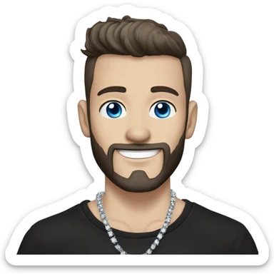 Younger white male that has grey blue eyes, dark brown hair with grey on the sides, a beard, and tattoos. He is wearing a diamond coated white gold necklace and a black punk band t-shirt while waving hello sticker