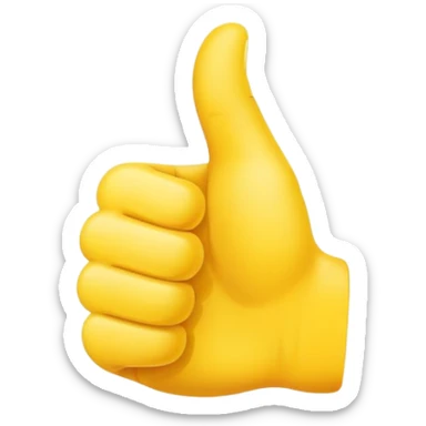 Thumbs up hand gesture emoji, close-up of just the hand against a clean background, modern flat design, smooth vector style, vibrant yellow color, subtle shading, rounded edges, friendly appearance, high contrast, digital art style, professional emoji look, centered composition, 2D illustration sticker