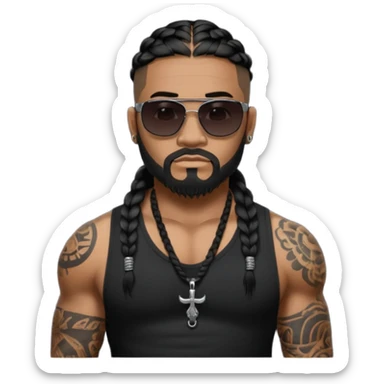 Samoan male. Chin strap beard.
Untucked loose fitting black t-shirt. 
long black braided hair.
very muscular.
Even More tattoos. 
Tough and menacing.
Dark black square sunglasses. sticker