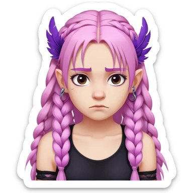 Long-pale-pastel-pink-hair with one braid on each side, grumpy expression, purple-pink feather-ear-cuffs in hair, black bodysuit sticker