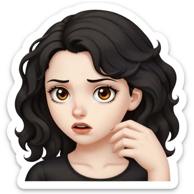 Pale skin, girl, brown eyes, blavk wavy hair, diagust expression, prettt sticker