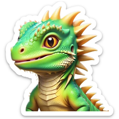 Cinematic Cute Iguana Portrait Emoji, Head tilted playfully and inquisitively, featuring a delightfully vibrant, textured body with a subtle spiky crest and large, sparkling eyes full of gentle wonder, Simplified yet irresistibly adorable features, highly detailed, glowing with a warm, inviting jungle glow, high shine, affectionate and lively, stylized with a touch of whimsical reptilian charm, soft glowing outline, capturing the essence of a mischievous yet loving iguana that seems as if it could scurry out of the screen into your arms! sticker