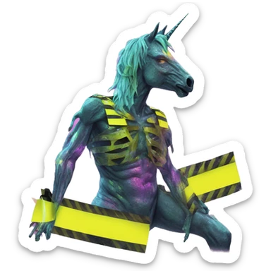 .Zombie_ Vaporwave black holographic oilslick zombie unicorn yellow caution tape sticker