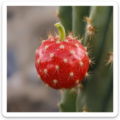 red round Stenocereus fruit with typical cactus spikes and small green stem realistic style isolated sticker