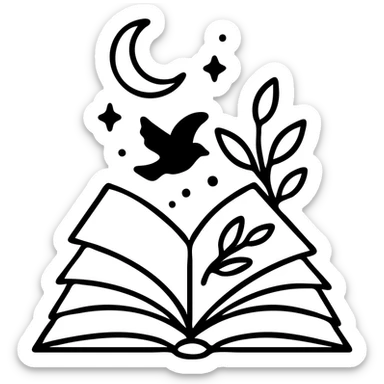 A clear drawing of a book emitting magic, with all elements having sharp contours, heavy shadows, and strong highlights where appropriate. The style is a straightforward drawing, not an art illustration, based on the reference image. sticker