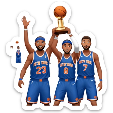 New York Knicks basketball team winning NBA championship trophy, celebration, blue and orange colors sticker