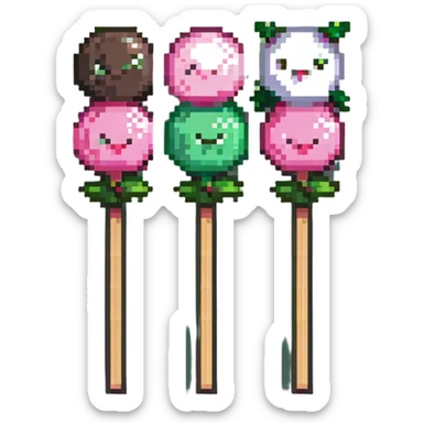 Pixel art Japanese dango skewer with three colorful rice balls in pink, white, and green colors sticker