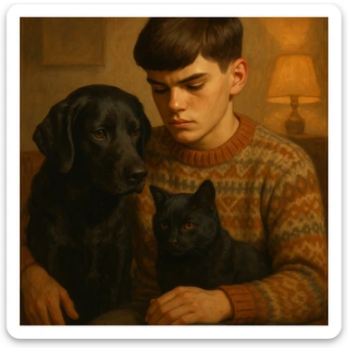 A kid with a chiseled jawline, brown eyes, and flat brown hair facing down, wearing a vintage sweater, sitting with a black dog and a black cat. sticker