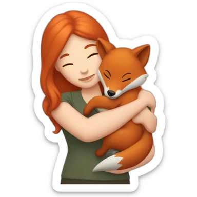 a woman with ginger hair hugging a fox sticker