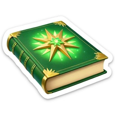 A **green, glowing book** with **golden edges**, floating with **sparkles and magical wisps** around it. The cover features a **golden starburst sigil**, symbolizing charm and radiance. ✨📖 sticker