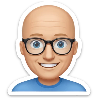 bald man with blue eyes and black rectangle eye glasses smile sticker