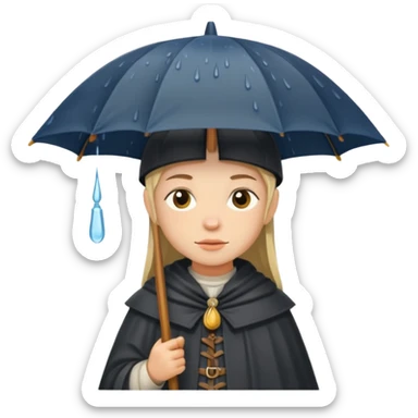 vorrei un piccolo pellegrino medievale in stile stickers sotto la pioggia con un grande ombrello sticker
